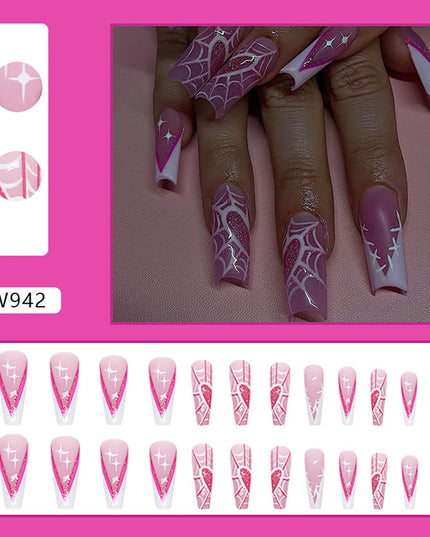 Pink Long Fake Nails with Spider Web Printed Charming Comfortable to Wear Manicure Nails for Women and Girl Nail Salon