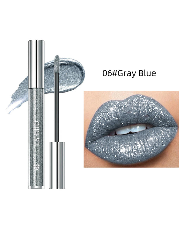 QIBEST shimmer lip gloss beauty girl diamond glitter lip tint waterproof long lasting 6 colors gray flash liquid lipstick makeup