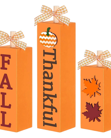 Rustic Autumn Tabletop Decor Set with Wooden Standing Blocks and Letter Print Signs for Tiered Trays 3 Pieces