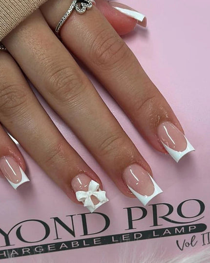24Pcs Pink French Style Fake Nails 3D Bowknot Designs Short Square Press on Nails Sweet Korean Fashion False Nail for Women Girl