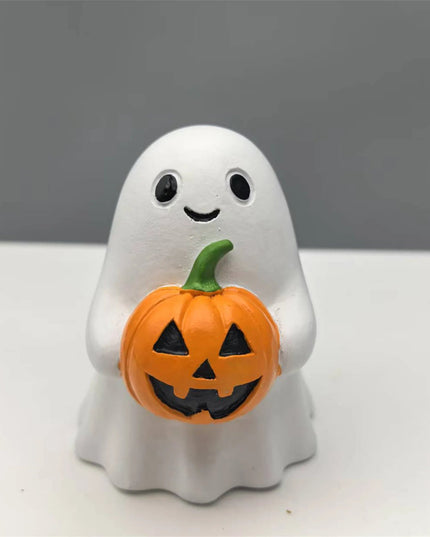 Spooky Halloween Resin Figurines Set Mini Witch Black Cat Pumpkin Ghost Collectibles Haunted House Decorations