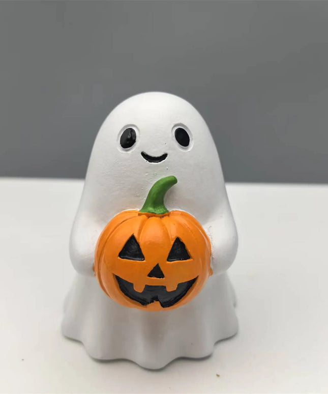 Spooky Halloween Resin Figurines Set Mini Witch Black Cat Pumpkin Ghost Collectibles Haunted House Decorations