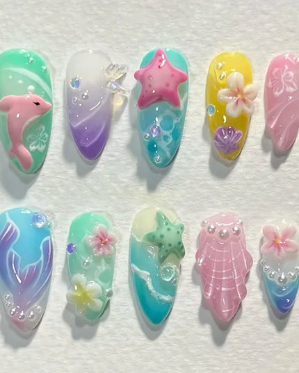 24pcs Almond False Nails Tips Summer Beach Colorful Nails Sets with Pearl Flower Design Press on Nails Art Wearable Fake Nail