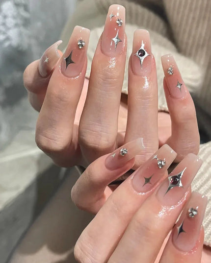 Black Y2K Press on Nails Long Coffin Pink Fake Nails with Diamond Designs Gradient Color Wearable False Nail for Women 2025 New