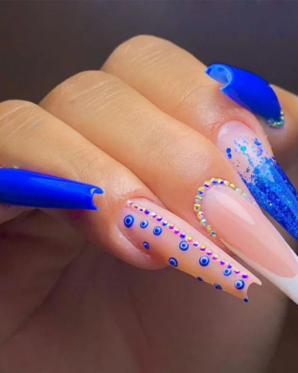 24pcs Colorful Diamond Glitter Removable Fake Nails Acyrlic Press on Nail Extra Long False Nails Square Girl White Stick-on Nail