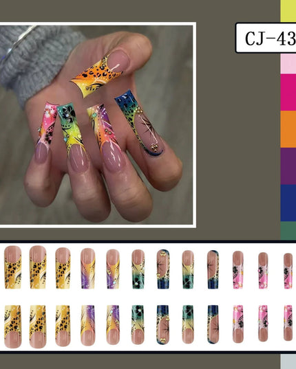 24pcs European Long Coffin Press On Nails Color Flower Leopard Print Fake Nail Tips for Women Wearable False Nails Patches