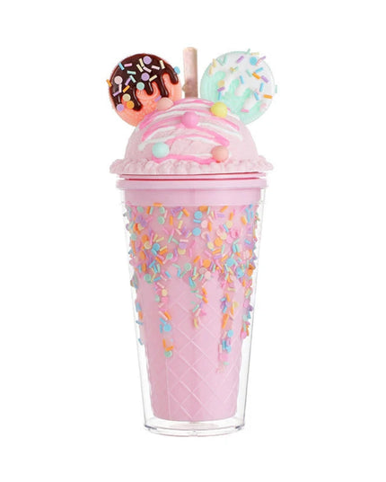 450ml Cute Straw Cup,Ice Cream Lids for Stanley Tumbler,Reusable Plastic Cups,Summer Drinkware Cold Brew,Girl Water Bottle Gift
