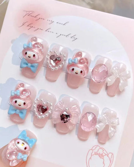 24Pcs Pink French Leopard Hello Kitty False nails 3D Y2k Star Heart Kitty Cat Rhinestones Press On Nails Cute Cartoon Fake Nails