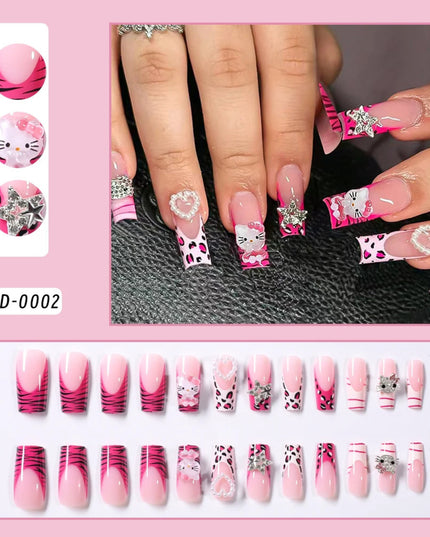 24Pcs Pink French Leopard Hello Kitty False nails 3D Y2k Star Heart Kitty Cat Rhinestones Press On Nails Cute Cartoon Fake Nails