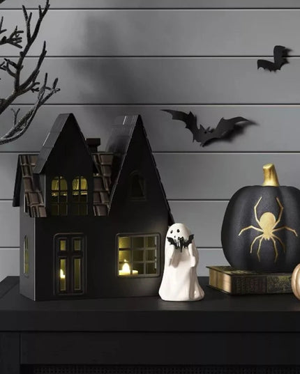 2Pcs Cute Ghost Hold Pumpkin Statue Spooky Resin Ghost Bat Figurine Spooky Ghost Desktop Sculpture Halloween Home Office Decor
