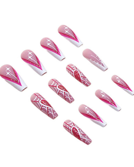 Pink Long Fake Nails with Spider Web Printed Charming Comfortable to Wear Manicure Nails for Women and Girl Nail Salon