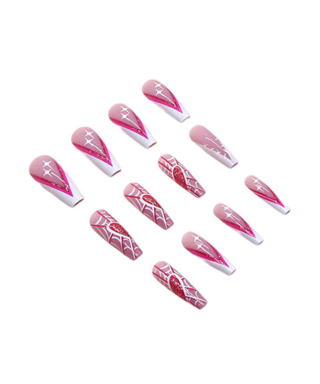 Pink Long Fake Nails with Spider Web Printed Charming Comfortable to Wear Manicure Nails for Women and Girl Nail Salon