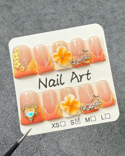 10pcs Handmade Press On Nail Gradient Vitality Orange French Style Fake Nails Y2k Star 3D Carving Flower Decor Summer False Nail