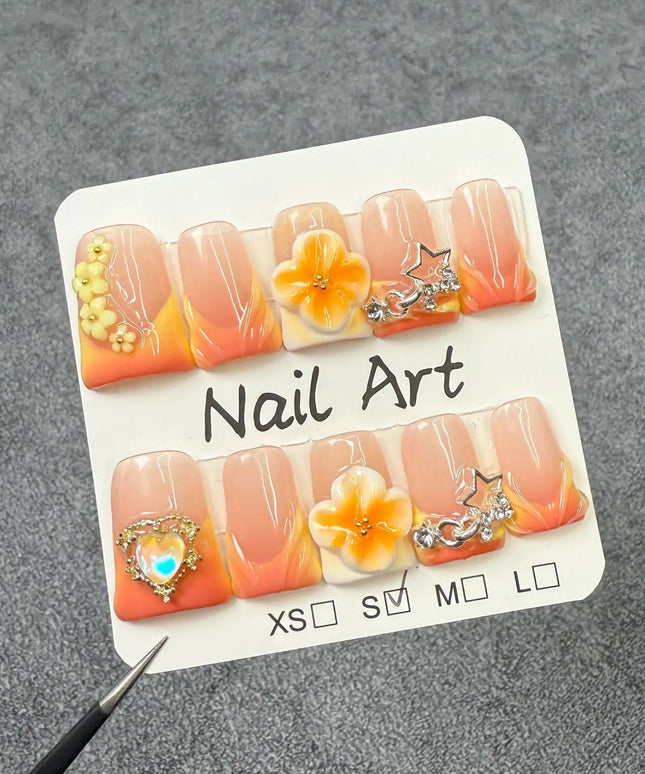 10pcs Handmade Press On Nail Gradient Vitality Orange French Style Fake Nails Y2k Star 3D Carving Flower Decor Summer False Nail