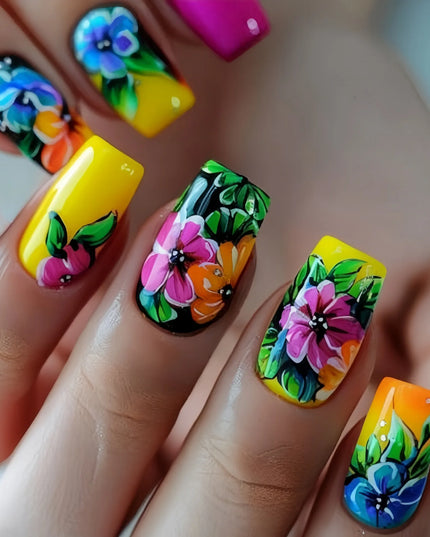 24pcs/set Medium long fake nails for women Spring summer flowers butterfly bee design faux ongles tips press on false nail art