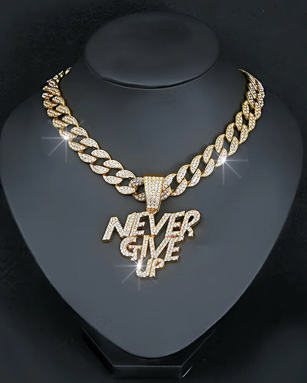 Hip Hop Men Women NEVER GIVE UP Letter Pendant Necklace Iced Out Bling Crystal 13mm Cuban Link Chain Necklaces Rock Jewelry Gift