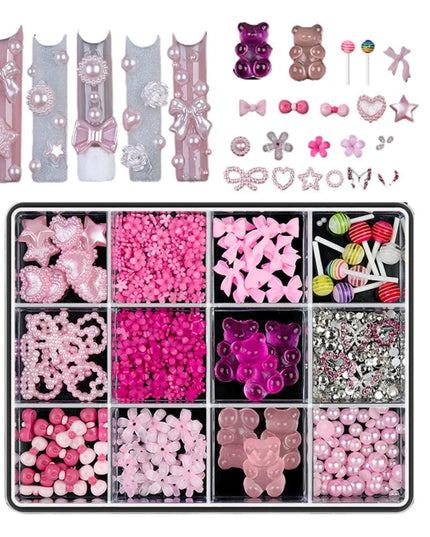 12 Grid Nail Resin Bowknot Bear Nails Art Charms Bowknots Heart Flower Kawaii Diy Decor Lollipop 3D Manicure Rhinestone Tools