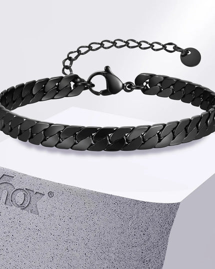 Vnox Gothic Black Cuban Chain Bracelets for Men, Stainless Steel Flat Miami Curb Links Wristband, Simple Metal Jewelry