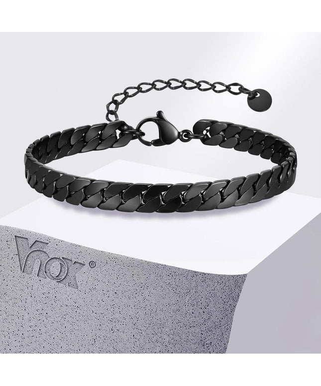 Vnox Gothic Black Cuban Chain Bracelets for Men, Stainless Steel Flat Miami Curb Links Wristband, Simple Metal Jewelry