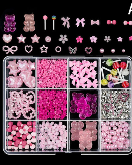12 Grid Nail Resin Bowknot Bear Nails Art Charms Bowknots Heart Flower Kawaii Diy Decor Lollipop 3D Manicure Rhinestone Tools