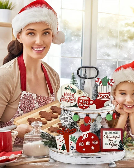 Christmas Tiered Tray Set Wooden Decoration Set Farmhouse Christmas Decor Bell Coffee Cup Snowflake Cookie Wooden Signs