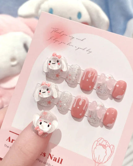 24Pcs Pink French Leopard Hello Kitty False nails 3D Y2k Star Heart Kitty Cat Rhinestones Press On Nails Cute Cartoon Fake Nails
