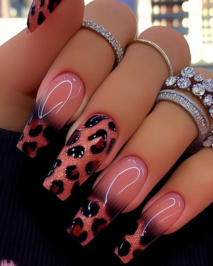 Medium long fake nails for women girls Y2K colorful gradient leopard print Pink green coffee coffin tips press on false nail set