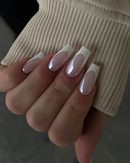 24pcs White French Chrome Press on Nails Medium Coffin Fake Nails Glitter Diamond Pearls False Nails Pink Bowknot Heart Nail Art