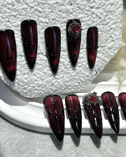10PCS Dark Blood Red Spicy Girls Long Tip Handmade Press On Nails Red Diamonds Cat Eye Glitter Fake Nails Luxury Chains Nail Art