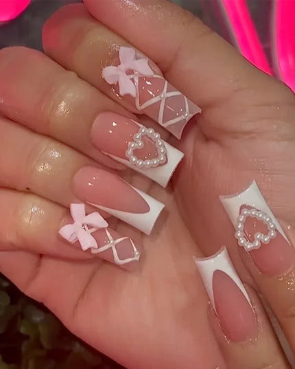 24pcs Colorful Diamond Glitter Removable Fake Nails Acyrlic Press on Nail Extra Long False Nails Square Girl White Stick-on Nail