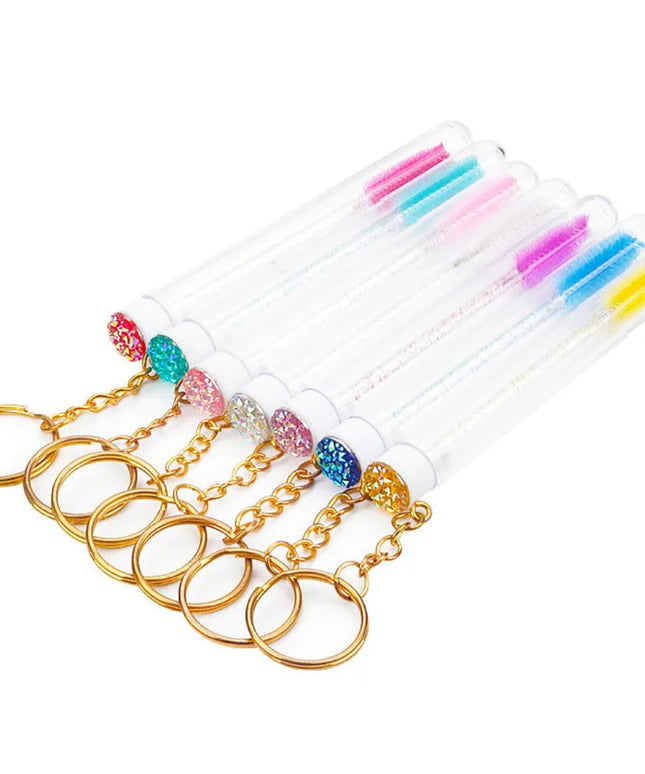 10 Pcs Tube Eyelash Brush With Gold Keychain Glitter Mascara Wand For Women Lash Extension Micro Comb Container Makeup Tools