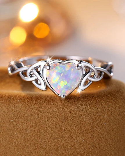 Mystic White Fire Opal Rings For Women Antique Gold Silver Color Leaf Infinity Wedding Bands Heart Engagement Party Jewelry Gift