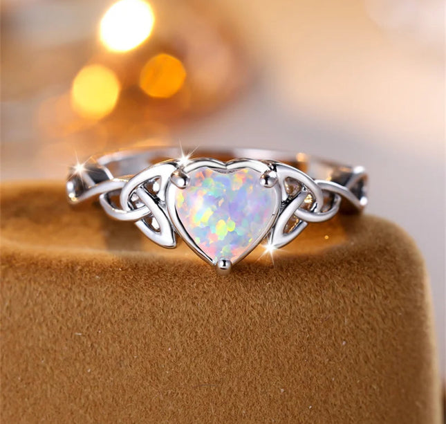 Mystic White Fire Opal Rings For Women Antique Gold Silver Color Leaf Infinity Wedding Bands Heart Engagement Party Jewelry Gift