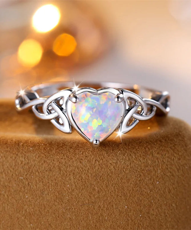 Mystic White Fire Opal Rings For Women Antique Gold Silver Color Leaf Infinity Wedding Bands Heart Engagement Party Jewelry Gift