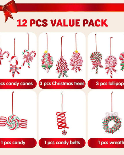 JOYFY 12 Pcs Christmas Candy Cane Ornament with Wreaths Lollipop Christmas Trees and Candy Canes Designs for Xmas Decoration