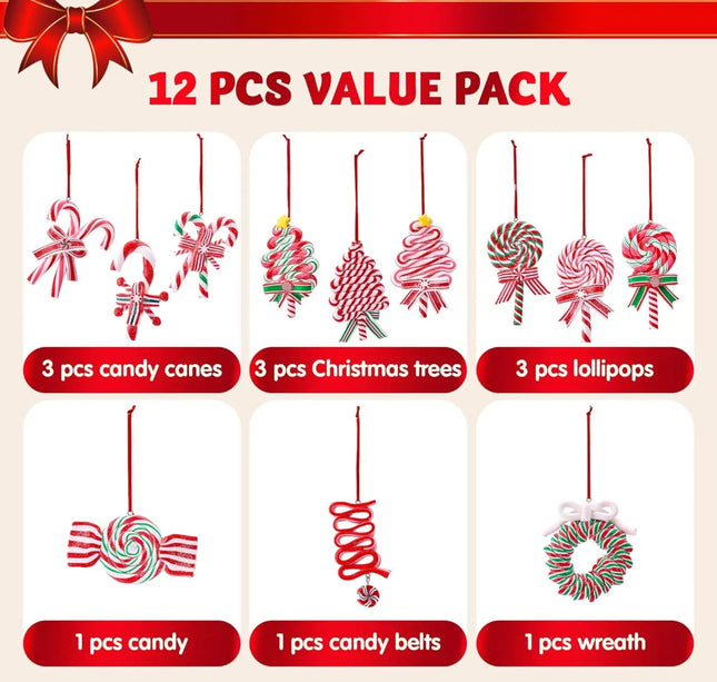 JOYFY 12 Pcs Christmas Candy Cane Ornament with Wreaths Lollipop Christmas Trees and Candy Canes Designs for Xmas Decoration