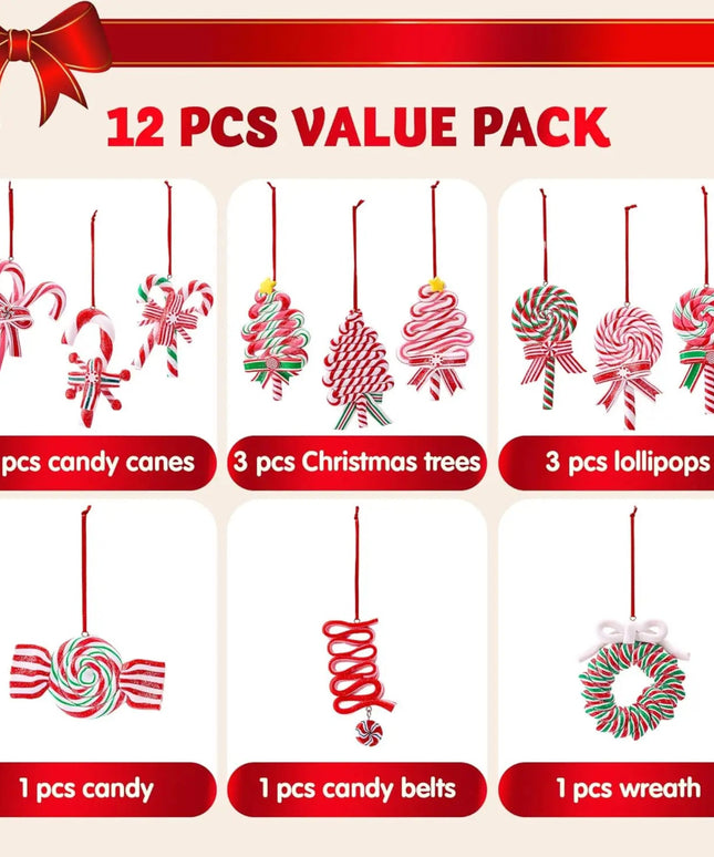 JOYFY 12 Pcs Christmas Candy Cane Ornament with Wreaths Lollipop Christmas Trees and Candy Canes Designs for Xmas Decoration