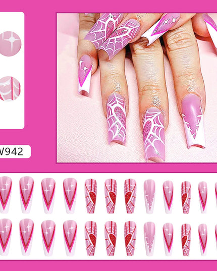 Pink Long Fake Nails with Spider Web Printed Charming Comfortable to Wear Manicure Nails for Women and Girl Nail Salon
