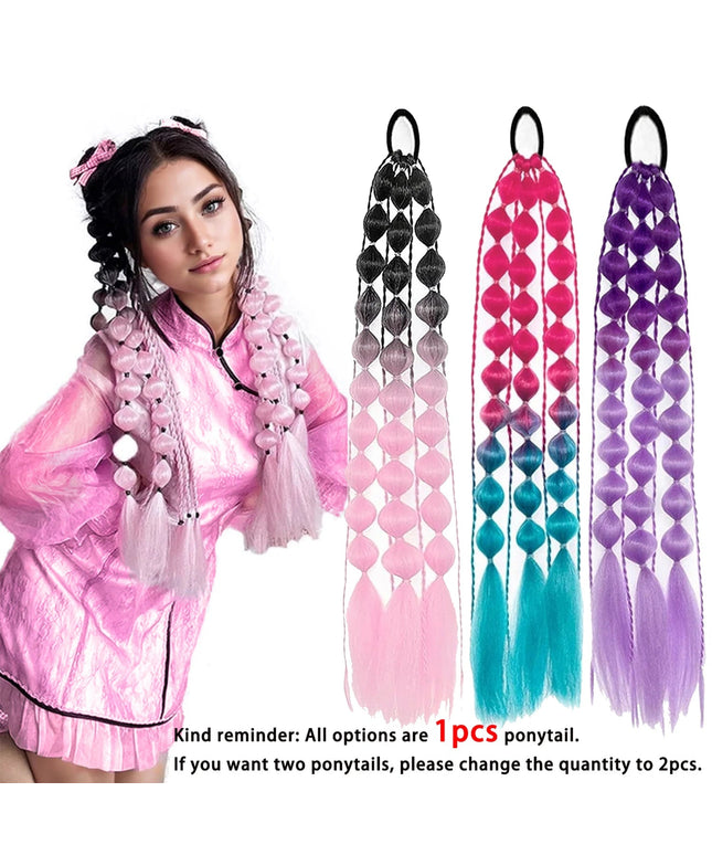 Synthetic 1Pcs Ponytail Extension Corlorful Bubble Braid Long Lantern Braided Ponytail with Hair Tie Straight Hairpieces
