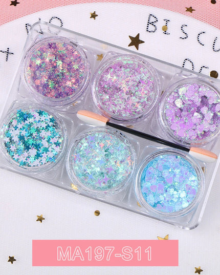 6 jars/set Eyeshadow Glitter Gel Cream Face Hair Body Nail Glitter Gel Heart Star Moon Loose Sequins Festival Makeup Decorations