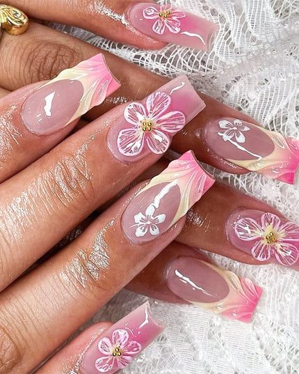 24pcs Y2k Summer Sea Blue Gradient Fake Nails With Water Ripples Designs Long Square Coffin False Nails Set Press On Nail Tips