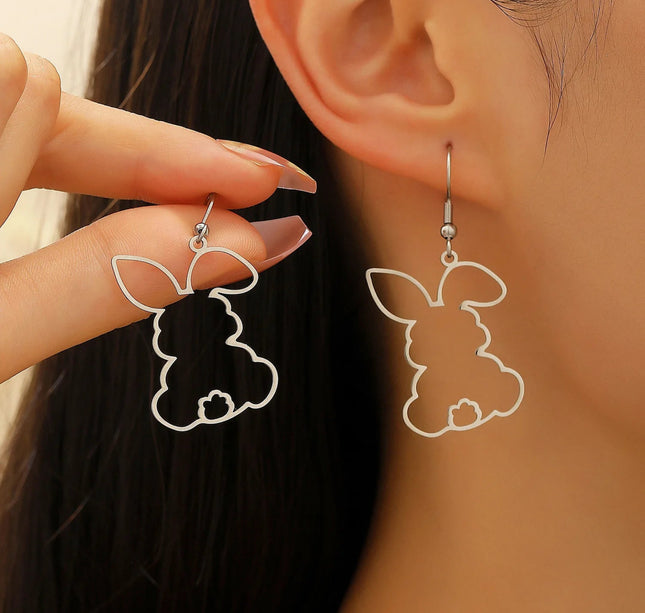 Lrysss European and American Stainless Steel Cut Out Rabbit Earrings Asymmetrical Little White Rabbit Earrings for Women Cute Easter Jewelry