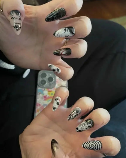 24Pcs Horror Comic Tomie Press on Nails Almond Glossy Black Japanese Anime Nails Reusable Halloween False Nail Tips for Girls