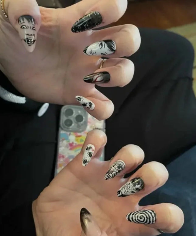24Pcs Horror Comic Tomie Press on Nails Almond Glossy Black Japanese Anime Nails Reusable Halloween False Nail Tips for Girls