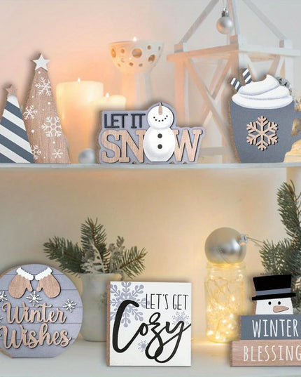 6pcs/set Snowman Christmas Tiered Tray Set Wooden Decoration Set Farmhouse Christmas Decor Bell Coffee Cup Snowflake Wooden Sign