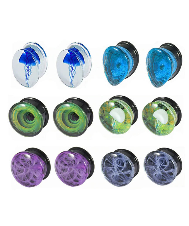2Pcs Solid Glass Jellyfish Swirl Clear Oil Painting Vortex Ear Plugs Ear Tunnels Gauges Lobe Piercing Jewelry Women Men