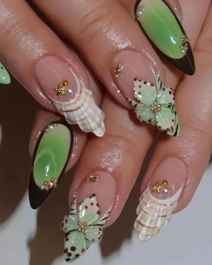 24pcs Almond False Nails Tips Summer Beach Colorful Nails Sets with Pearl Flower Design Press on Nails Art Wearable Fake Nail