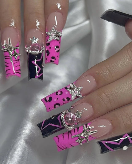 Rose Pink Long Coffin Fake Nails French Style Leopard Star Printed Press on Nails Y2K Girls Charms Manicure Black False Nails