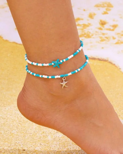 Colorful Starfish Pendant Rice Beads Beaded Anklet for Women Summer Fashion Multi-layer Bracelet Anklet Bohemian Leg Jewelry