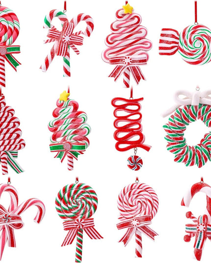 JOYFY 12 Pcs Christmas Candy Cane Ornament with Wreaths Lollipop Christmas Trees and Candy Canes Designs for Xmas Decoration